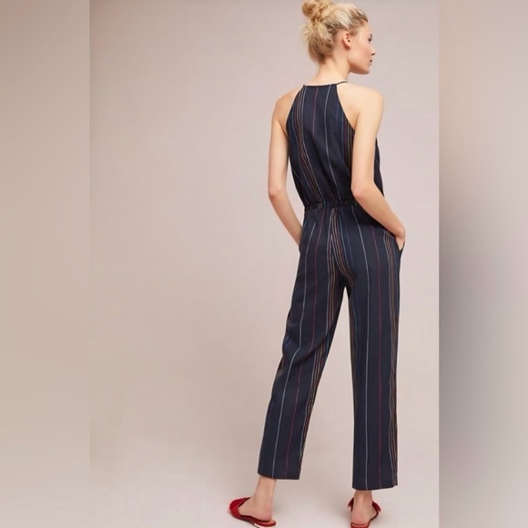Anthropologie Dolan Navy/Rainbow Striped Halter Jumpsuit. Size S - Picture 4 of 10